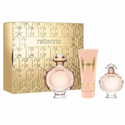 Set of three Paco Rabanne Olympéa Eau De Parfum sprays in 80ml bottles, featuring elegant perfume packaging and design.