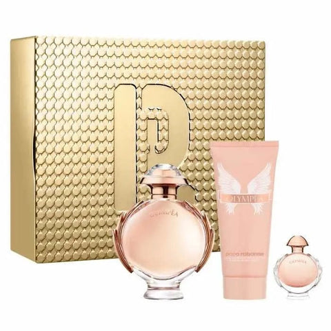 Set of three Paco Rabanne Olympéa Eau de Parfum spray bottles, 80ml each, showcasing the elegant perfume packaging.
