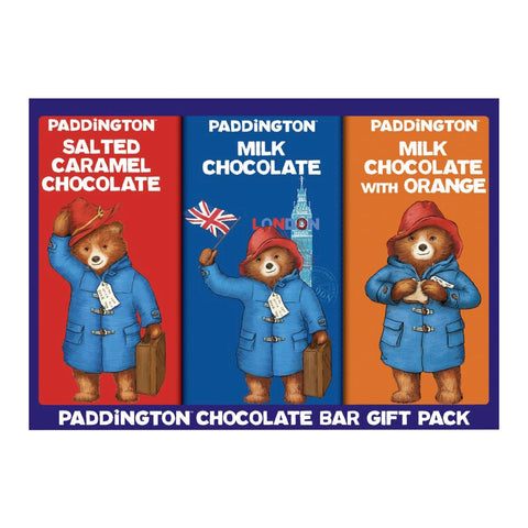 Paddington Bear gift pack of 3 boxed chocolate bars by Jag Couture London, featuring milk, orange, and salted caramel flavors.