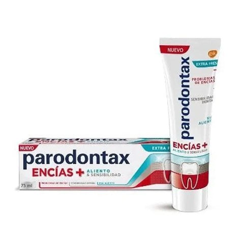 Jag Couture London New York Parodontax Gums Breath & Sensitivity Toothpaste 75ml tube on a bathroom shelf.