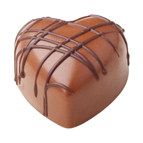 Jag Couture London Passion Heart chocolate with passion fruit ganache in milk chocolate, 12.8g, displayed on a white background.