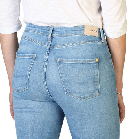 Pepe Jeans Dion flare jeans in blue denim with front pockets and flared legs, displayed by Jag Couture London New York.