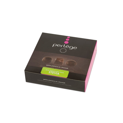 Box of Jag Couture London New York Perlege Belgian chocolates sweetened with Stevia, showcasing assorted chocolates in a elegant packaging.