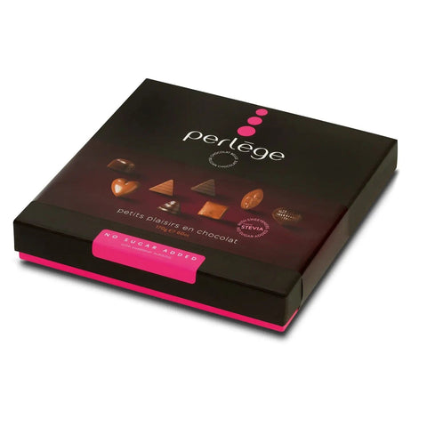 Luxury rigid box of Belgian chocolates by Jag Couture London - New York, sweetened with Stevia, showcasing elegant packaging and assorted chocolates.