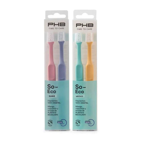 Two PHB Time To Care Medium Toothbrushes by Jag Couture London New York, with blue handles and soft bristle heads.
