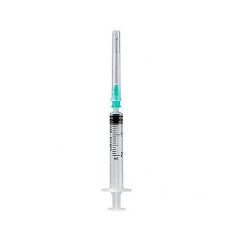 Jag Couture London-New York 5cc syringe with 40/8 gauge needle, shown in close-up with clear markings and metallic tip.