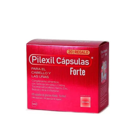 Jag Couture London Pilexil Forte capsules for hair and nails, 100+20 units, featuring supplement bottles with capsules in blister packs.