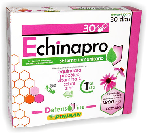 Pinisan Echinapro 30 capsule bottle by Jag Couture London New York, showing the supplement bottle with label and capsules inside.