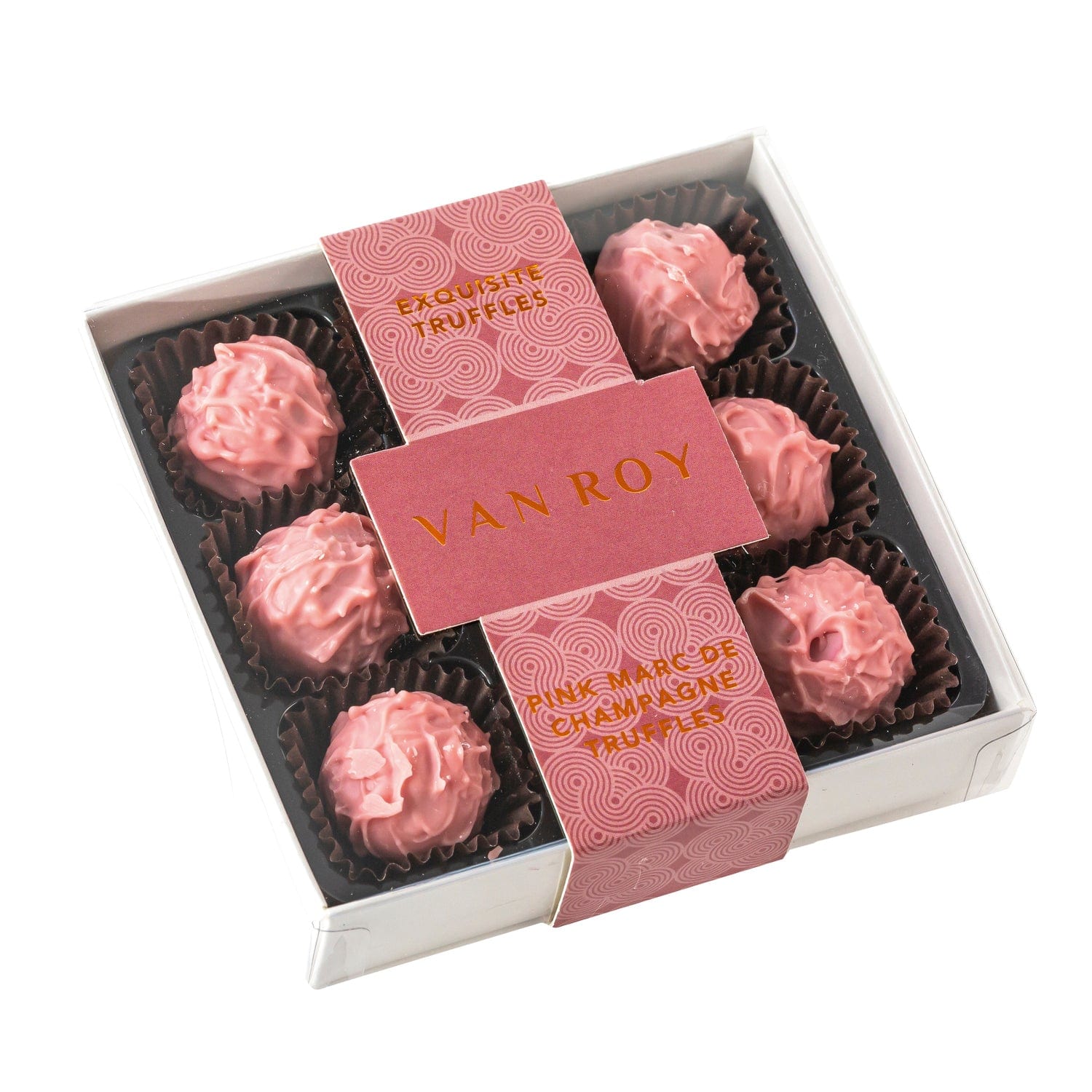 Jag Couture London - New York Pink Marc de Champagne truffles in 9 choc grey base with cello lid