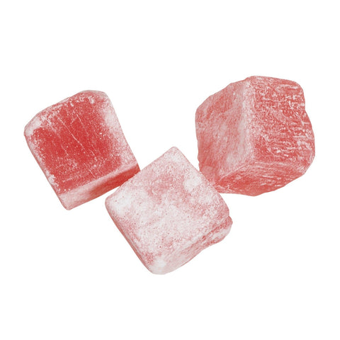 Assorted pomegranate Turkish delight candies from Jag Couture London New York, featuring vibrant red and textured sugar coating.