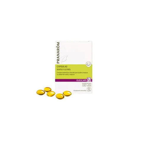 Pranarôm Science Oléocaps 7 anti-stress and sleep support capsules by Jag Couture London New York, showing 30 softgel capsules.