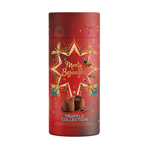 Premium festive gift tube from Jag Couture London featuring cocoa-dusted truffles, popcorn, chocolate, and orange flavors.
