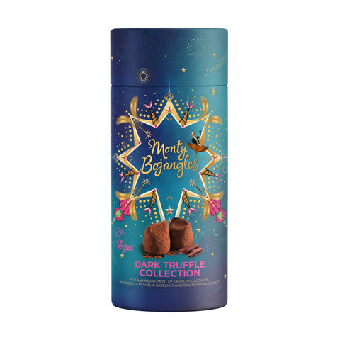 Jag Couture London vegan friendly cocoa dusted truffles gift tube featuring cocoa nibs, cocoberry, and caramel flavors.