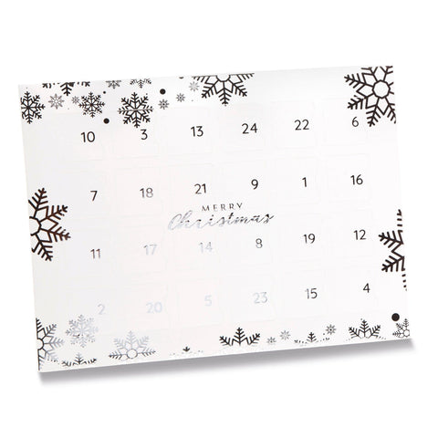 Premium white snowflake Advent calendar by Jag Couture London with 24 chocolate compartments, measuring 192x32.5x252mm.