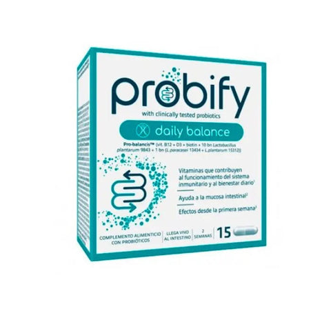Probify Daily Balance capsules by Jag Couture London New York, 15 capsules in a clear container with label and branding.