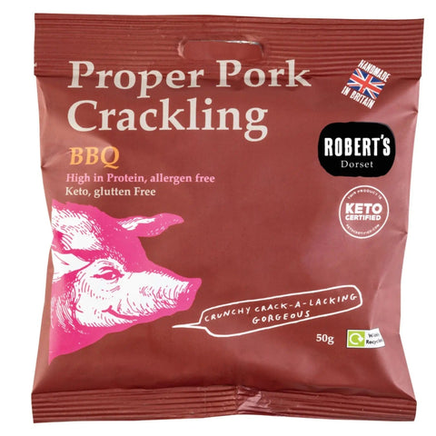 Jag Couture London proper pork crackling flavored with BBQ, VAT-free, crispy pork snack with smoky BBQ seasoning.