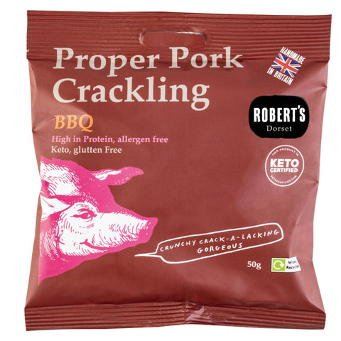 Jag Couture London BBQ-flavored Proper Pork Crackling, VAT free, crispy pork snack with smoky BBQ seasoning, shown in the image.