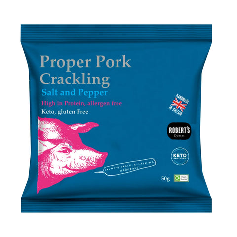 Jag Couture London New York Proper Pork Crackling flavored with salt and pepper in a close-up image.