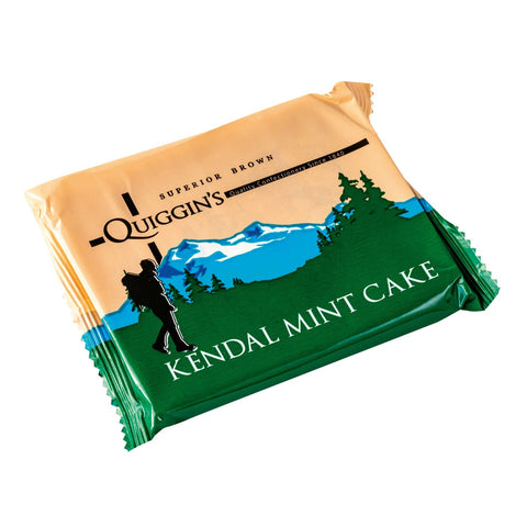 Jag Couture London New York Quiggin's brown Kendal mint cake bar, showing the textured mint-flavored chocolate bar.