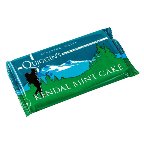 White Kendal mint cake bar by Quiggin's, displayed in its packaging with branding from Jag Couture London New York.