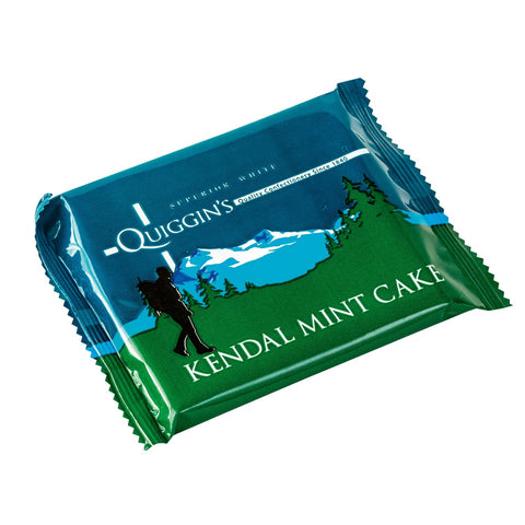 White Kendal mint cake bar by Quiggin’s, wrapped in packaging from Jag Couture London New York, with mint flavor and textured surface.