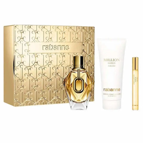 Set of three Rabanne Million Gold for Her Eau de Parfum sprays, 90ml each, featuring luxurious gold packaging and elegant design.