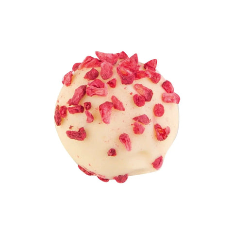Raspberry and Champagne truffle by Jag Couture London, white chocolate with Marc de Champagne and raspberry puree, 13g.