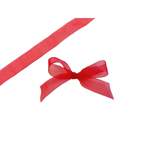 Red organza woven edge ribbon by Jag Couture London New York, showcasing its delicate fabric and elegant woven border.