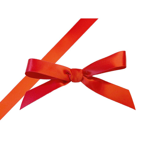 Red single-faced satin ribbon from Jag Couture London New York, showcasing smooth, shiny fabric perfect for gift wrapping and crafts.