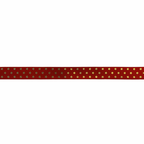 Red single-faced satin ribbon with gold twinkling stars, decorative craft ribbon from Jag Couture London New York.