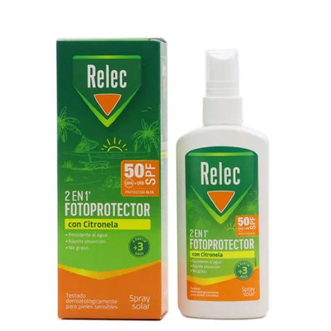 Jag Couture London Relec Photoprotector 2-in-1 Citronella Spray SPF50, 100ml, with natural citronella scent for sun protection.