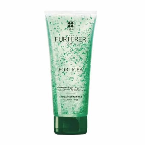 Rene Furterer Forticea Energizing Shampoo in 200ml bottle, with vibrant packaging and hair care products displayed.