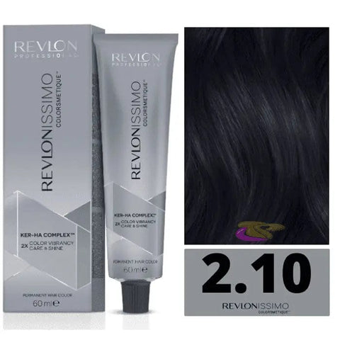 Revlon Revlonissimo Colorsmetique 2.10 Bluish Black hair dye in 60ml bottle, with brand label and packaging visible.