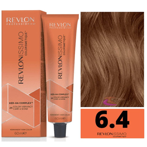Revlon Revlonissimo Colorsmetique 6.4 Dark Blonde Copper hair dye in a 60ml tube, shown with the product packaging.