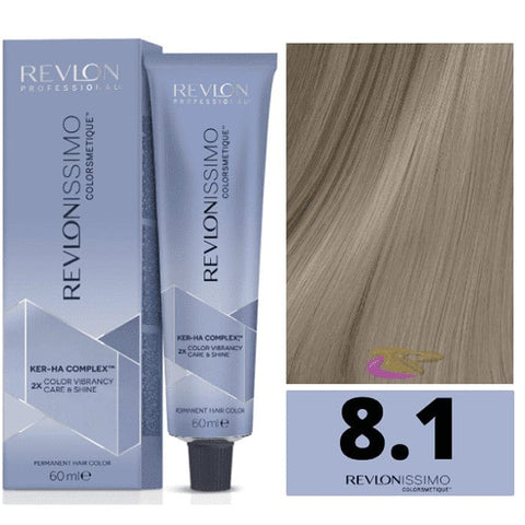 Revlon Revlonissimo Colorsmetique 8.1 Light Ash Blonde hair dye bottle, 60ml, with branding from Jag Couture London New York