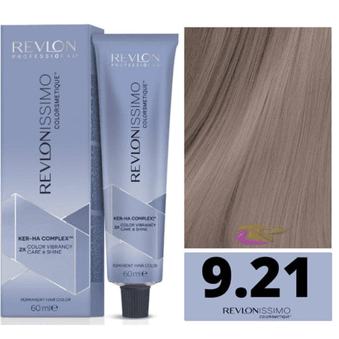 Revlon Revlonissimo Colorsmetique 9,21 Very Light Blonde Iris Ash hair dye bottle with product label and packaging.