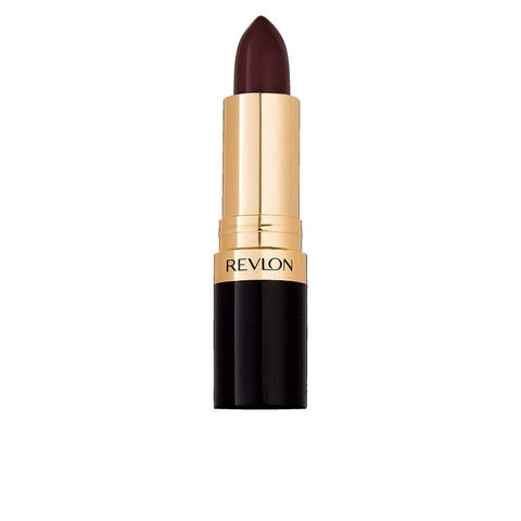 Revlon Super Lustrous Lipstick in shade 477 Black Cherry, 3.7g, with sleek black packaging and vibrant lipstick visible.
