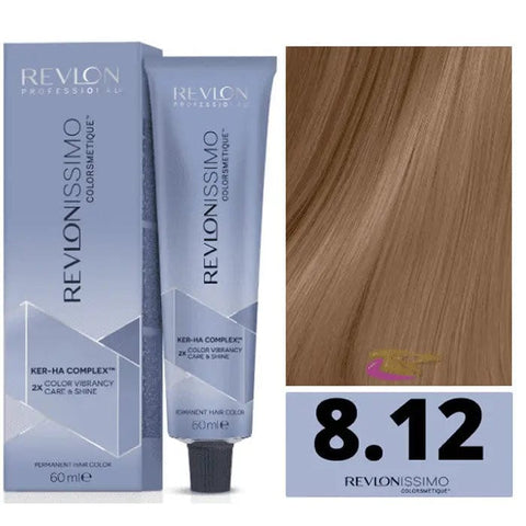 Revlonissimo Colorsmetique high coverage hair dye in 8.12 Frosty Blonde, 60ml bottle, with packaging and applicator in view.