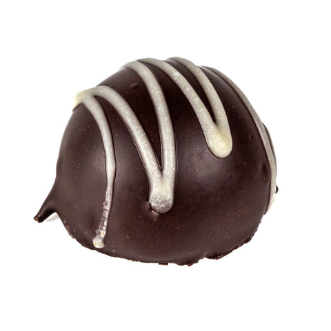 Rhubarb Fruit Cream by Jag Couture London in dark chocolate, 13g, showing the fondant cream with a dark chocolate coating.