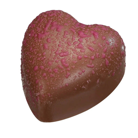 Milk chocolate Rhubarb Heart by Jag Couture London with pink sparkle and rhubarb filling, 12.5g, shown with pink glitter detail.