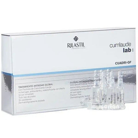Rilastil Cuadri GF Global Anti-Aging Treatment ampoules, 30x1.5ml, shown in a box with packaging and applicator.