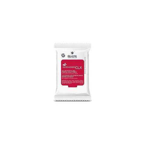 Rilastil Dermagerm CLX hand and body cleaning wipes in a pack of 15, displayed with packaging and wipes visible.