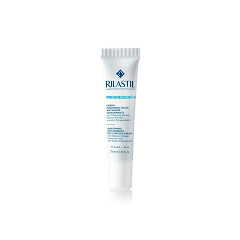 Rilastil Progression (+) anti-wrinkle eye contour cream in 15ml jar, with smooth texture and eye area applicator.