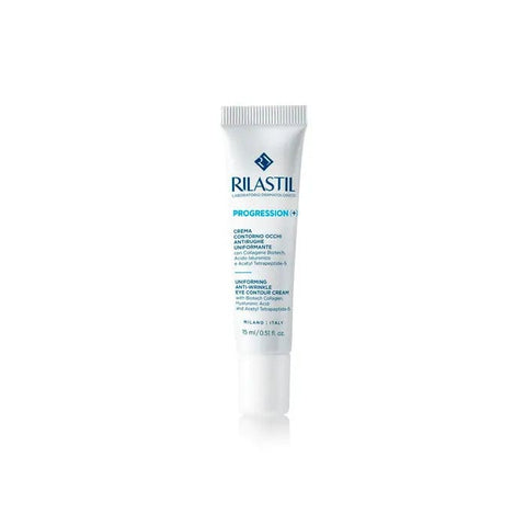 Jag Couture London New York Rilastil Progression (+) anti-wrinkle eye contour cream in a 15ml jar with a sleek design.