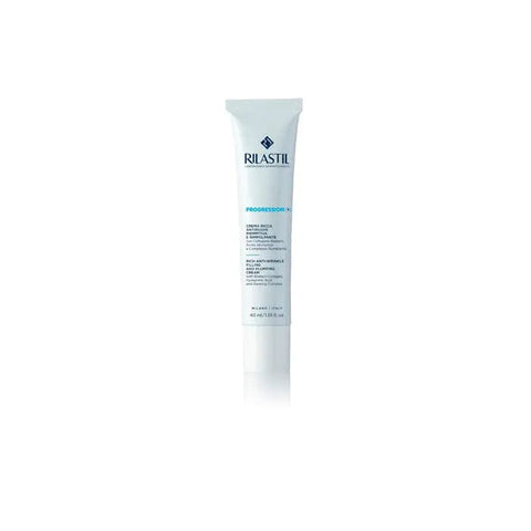 Rilastil Progression (+) Rich Filler and Anti-Wrinkle Cream in 40ml jar, featuring a smooth, white cream with a silver lid