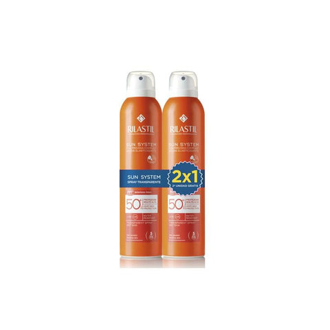 Rilastil Sun System Transparent Spray SPF 50+ by Jag Couture London - New York, wet skin sunscreen in 2x200ml bottles