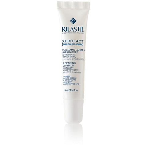 Rilastil Xeroclat Repairing Lip Balm in a 10ml tube with smooth, hydrating formula for dry, chapped lips.