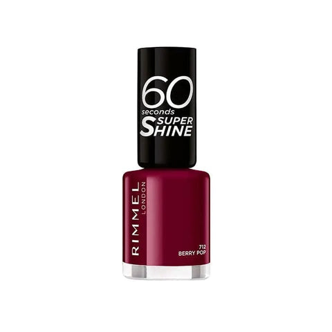 Rimmel 60 Seconds Super Shine nail polish in shade 712 Berry Pop, showcased on a model's nails with a glossy finish.