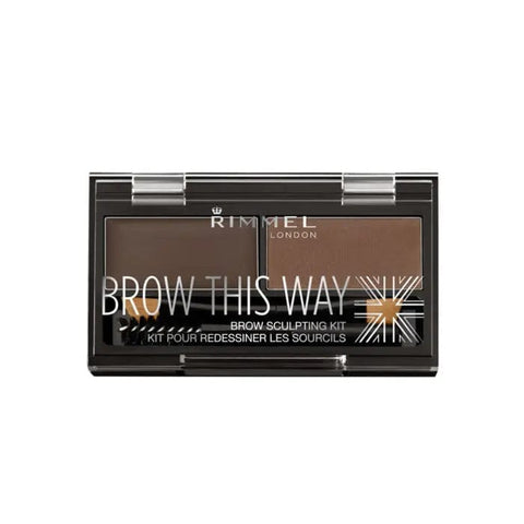 Rimmel Brow This Way Eyebrow Sculpting Kit in Dark Brown with brushes and powders for defining eyebrows.