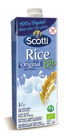 Organic Riso Scotti Bebida Bio Arroz Natural in a 1L carton, featuring a creamy rice beverage from the Riso Scotti brand.